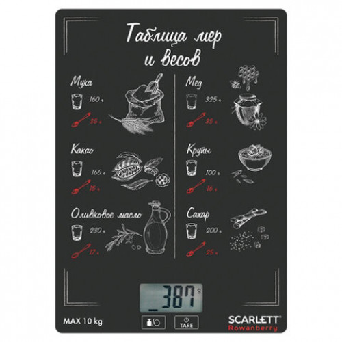 Весы кухонные SCARLETT SC-KS57P64, электронный дисплей, max вес 10 кг, тарокомпенсация, стекло