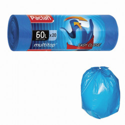 Мешки для мусора 60 л, с ушками, синие, в рулоне 20 шт., ПНД, 14 мкм, 60х77 см, PACLAN 