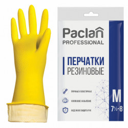 Перчатки хозяйственные латексные, х/б напыление, размер M (средний), желтые, PACLAN 